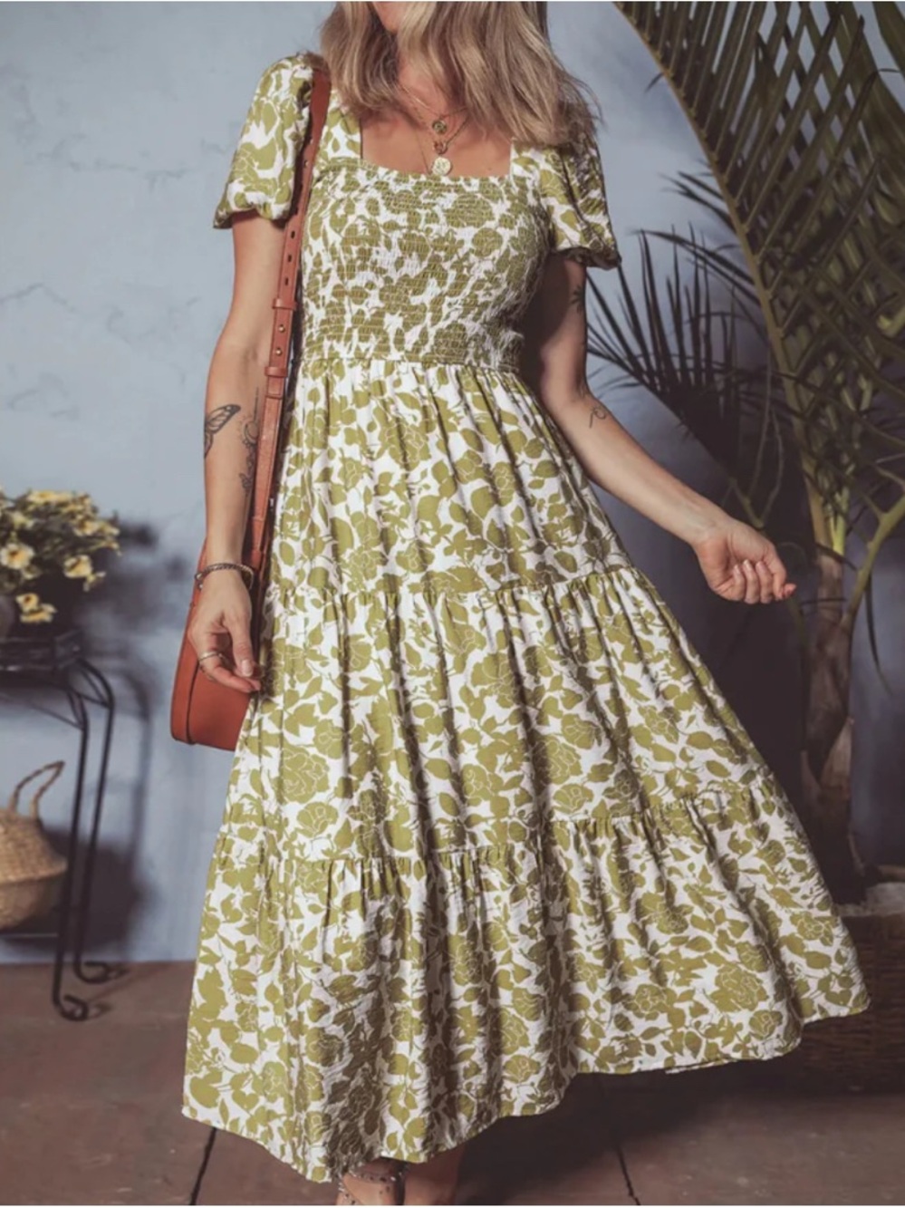 Olive and white floral puff sleeve smocked midi dress
